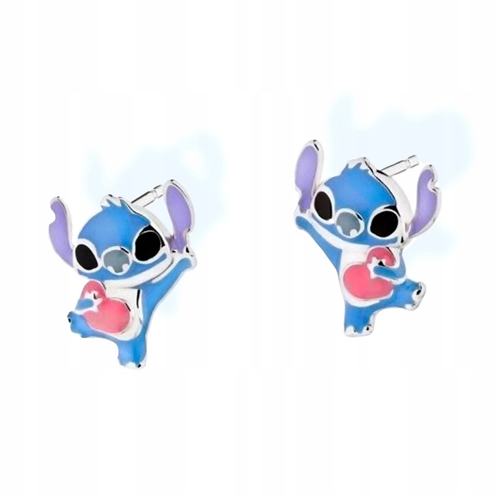 Pr.925 Srebrne bajkowe kolczyki Stich z serduszkiem -HIT kolorowy Stitch