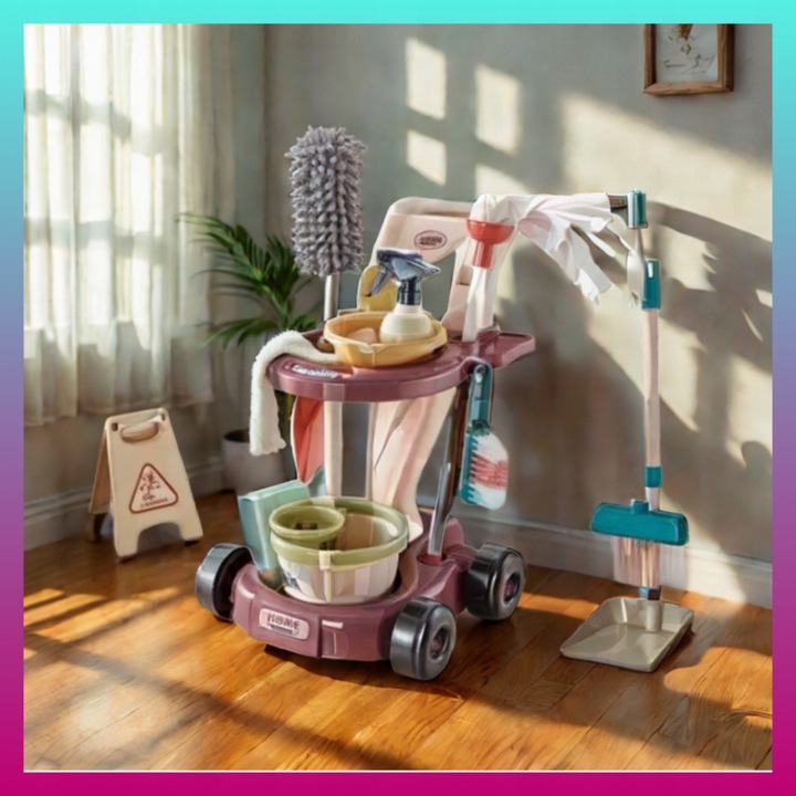 Duży DZIECIĘCY ZESTAW DO SPRZĄTANIA Wózek Mop Miotła Dla dzieci