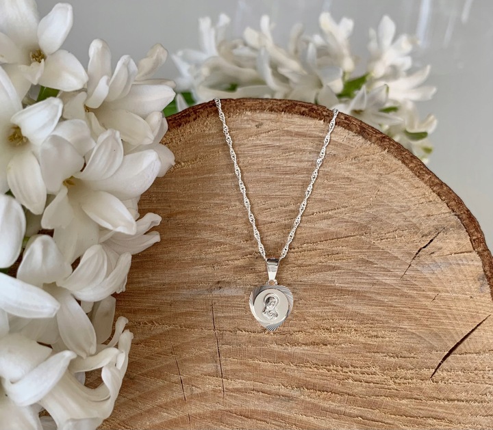 Łańcuszek Srebrny 45cm 925 MEDALIK KOMUNIJNY Matka Boska Komunii na Chrzest