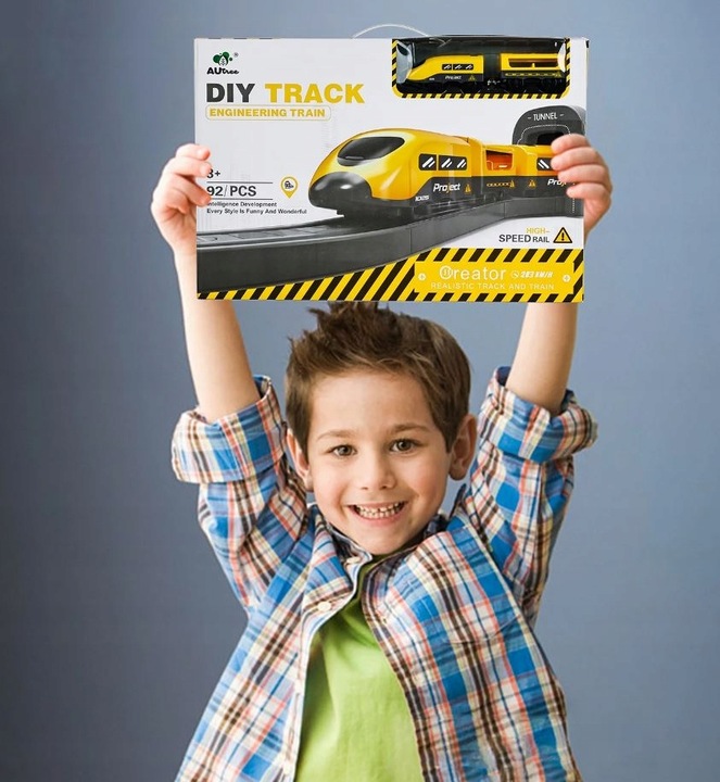 KOLEJKA ELEKTRYCZNA TORY POJAZDY MOSTY DOMKI POCIĄG WAGONY 92 elementów