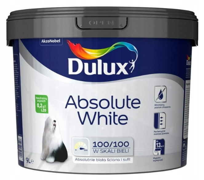 Farba Dulux Absolute White do ścian i sufitów 9L
