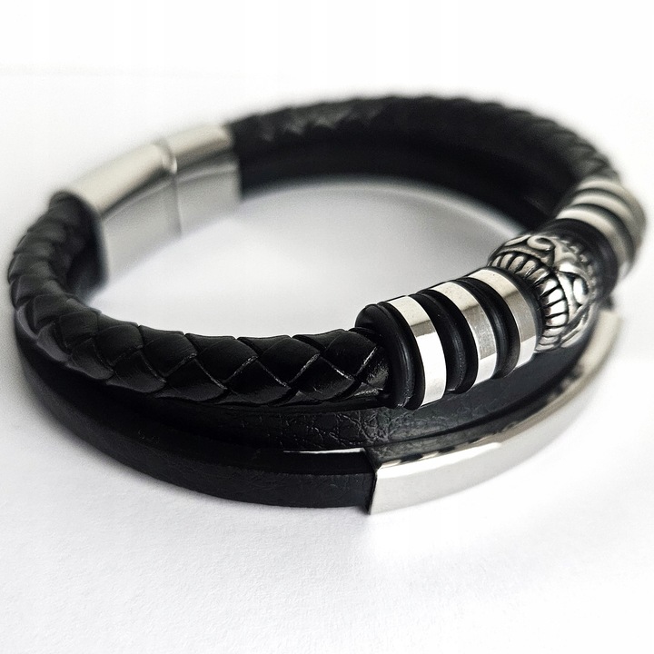 BRANSOLETKA MĘSKA SKÓRZANA SKÓRA GRAWER GRATIS SREBRNA REGULOWANA 21-24CM!