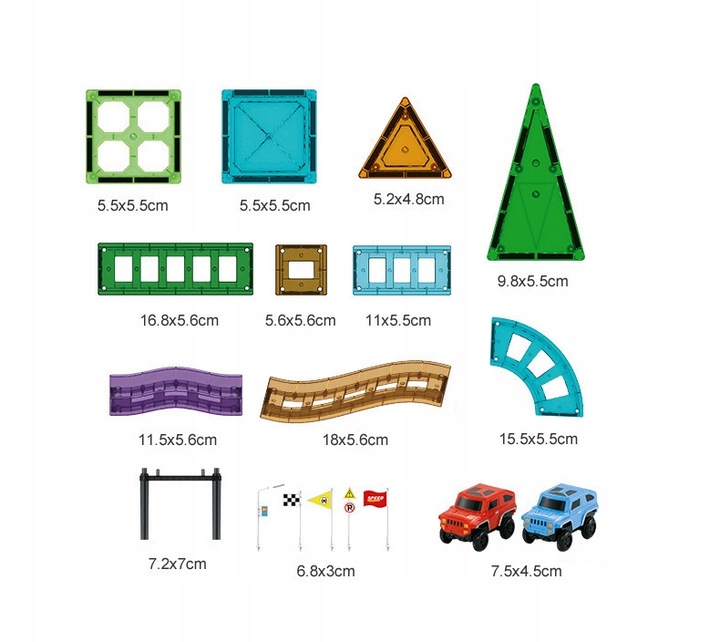 KLOCKI MAGNETYCZNE DLA DZIECI EDUKACYJNE PANELE KOLEJKA TOR + 2 AUTKA 59 EL