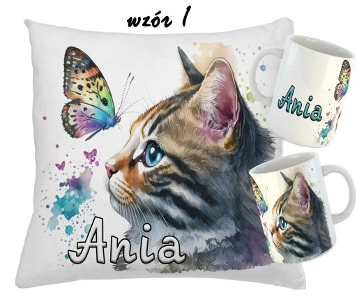 Zestaw KUBEK + PODUSZKA KOTY KOT + RÓŻNE WZORY + IMIĘ