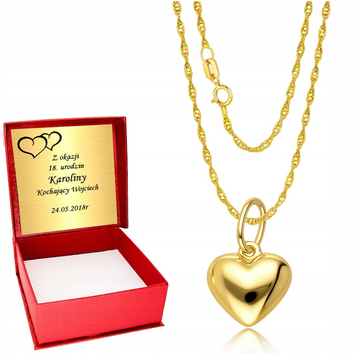 Złoty Łańcuszek 333 Złoto serce pełne ZŁOTO dla kobiety Grawer