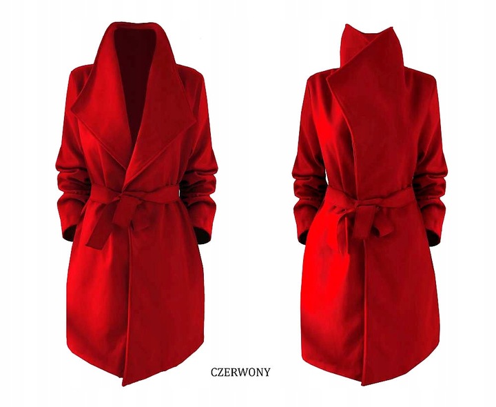 PŁASZCZ blogger KLASYCZNY klapy pasek CZERWONY