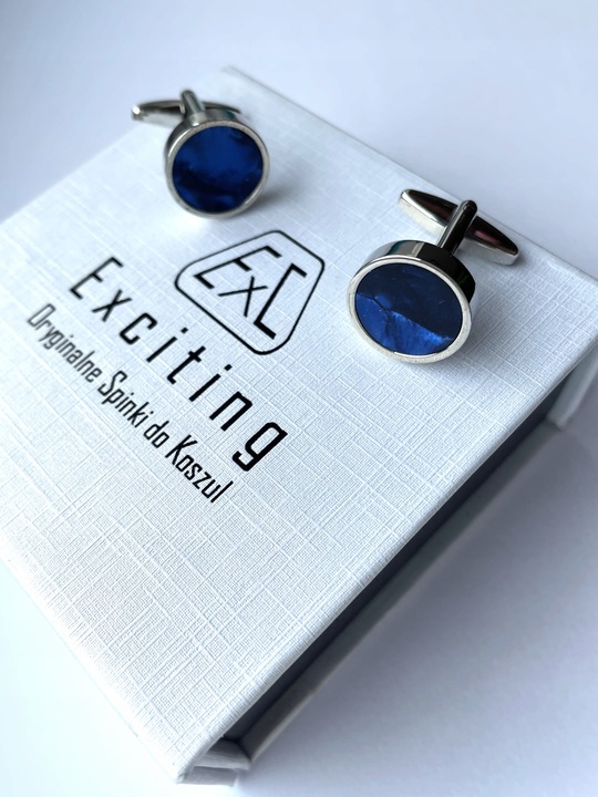 Smokingowe spinki do mankietów EXC Srebrne z Niebieską Masą Perłową + Etui