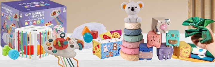 Zestaw Zabawek Sensorycznych Montessori 6w1 dla dziecka 6-12 msc 34 element