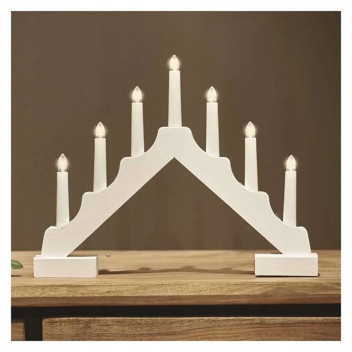 Świecznik świateczny biały drewniany 7LED 29cm 2xAA ciepła biel IP20 timer