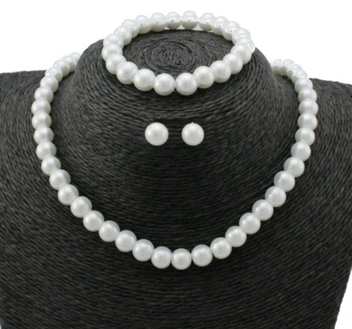 KOMPLET 3 CŻĘŚCIOWY ELEGANCKI BIAŁE PERŁY 8 mm