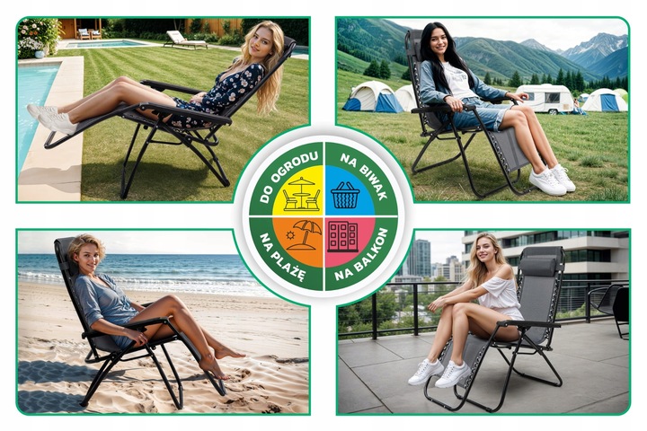 LEŻAK OGRODOWY Z PODNÓŻKIEM OGRODOWY PLAŻOWY AUTOMAT ZERO GRAVITY PÓŁKA