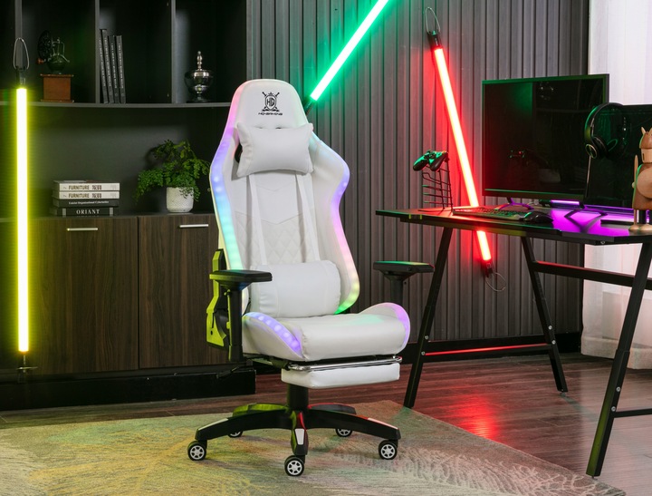 FOTEL GAMINGOWY BIUROWY WYGODNY KRZESŁO GRACZA OBROTOWY +RGB LED I PODNÓŻEK
