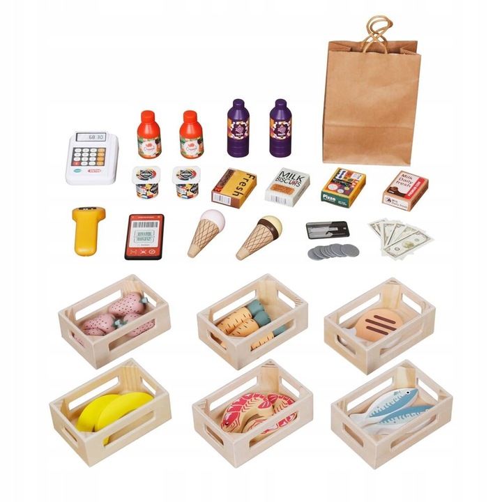 Drewniany stragan market targ dla dzieci 2w1 teatr tablica kasa Kinderlly