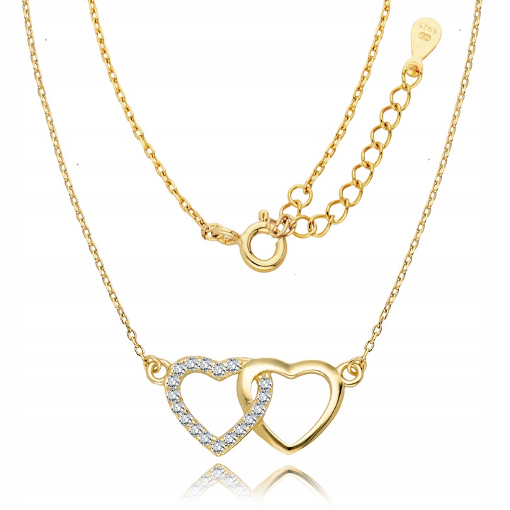 Złoty Łańcuszek 925 Naszyjnik Serce Dwa Serca