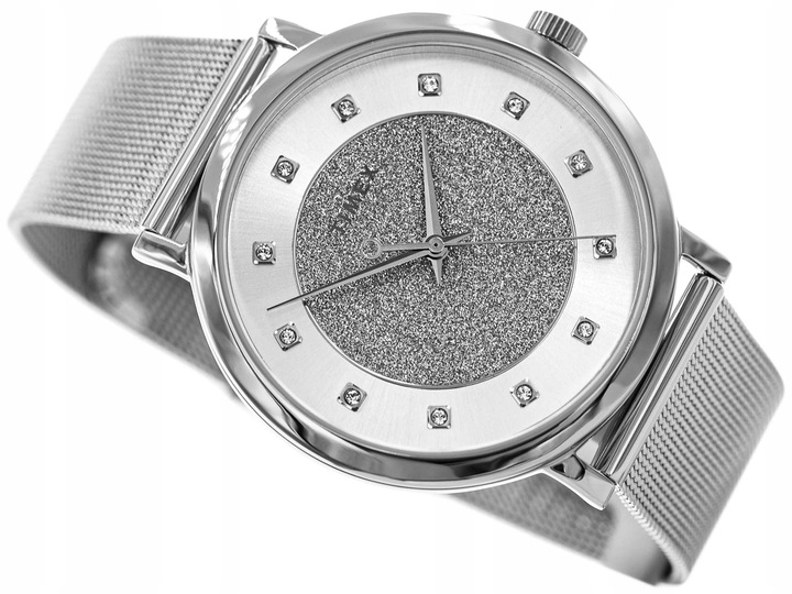 DAMSKI ZEGAREK TIMEX TW2U67000 SREBRNY BRANSOLETA MESH ELEGANCKI CYRKONIE