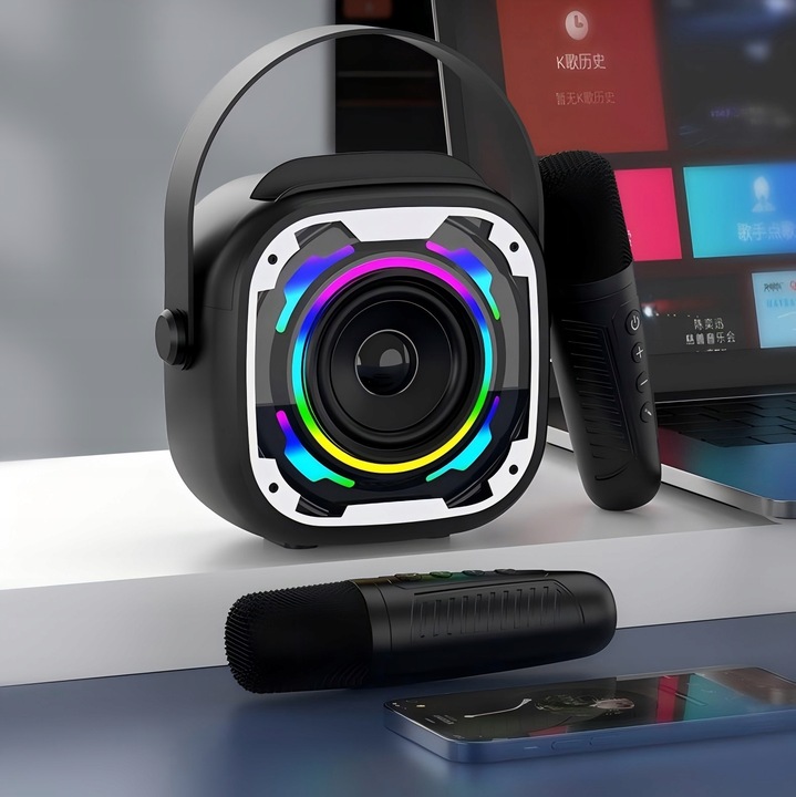 ZESTAW KARAOKE Z 2 MIKROFONY BEZPRZEWODOWE GŁOŚNIK BLUETOOTH LED KOLOROWA