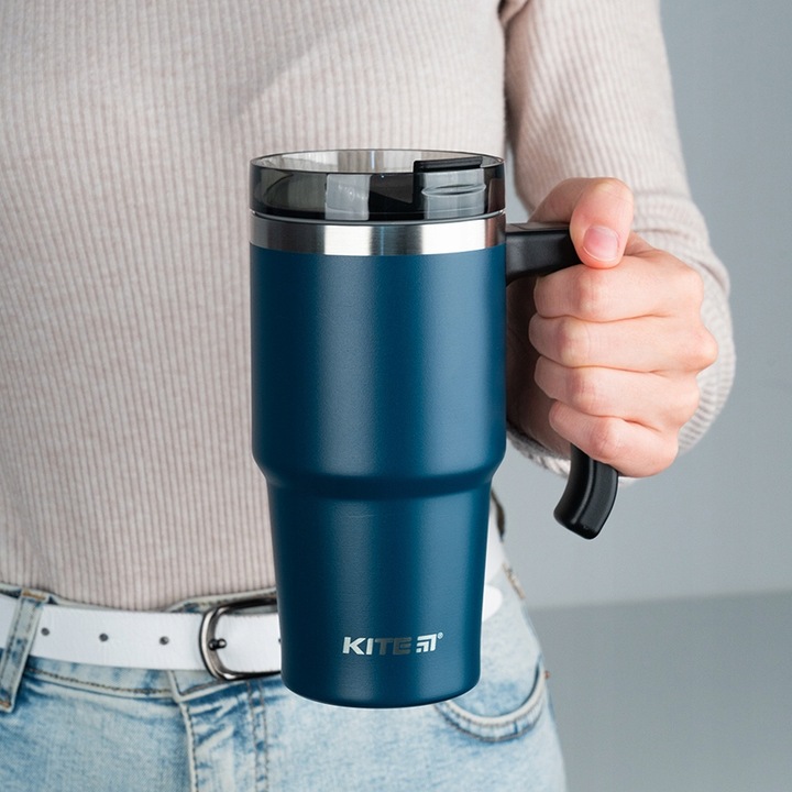 Kubek termiczny ze słomką ustnikiem z uchwytem 600 ml niebieski KITE