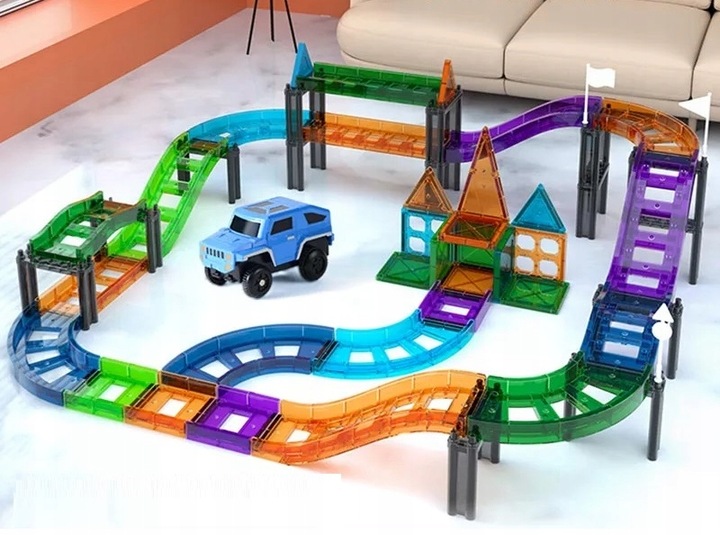 KLOCKI MAGNETYCZNE DLA DZIECI EDUKACYJNE PANELE KOLEJKA TOR + 2 AUTKA 59 EL