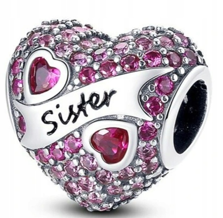 Charms zawieszka Serce SISTER siostra srebrny charms cyrkonie próba s925