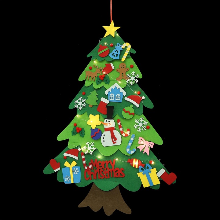 CHOINKA FILCOWA NA RZEPY Z OZDOBAMI DLA DZIECI ŚWIATEŁKA 50 LED NA ŚCIANĘ