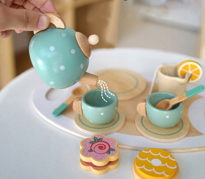 SERWIS KAWOWY HERBACIANY DREWNIANY ZESTAW DO HERBATY DLA DZIECI CZAJNIK 15e