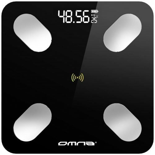 Inteligentna waga łazienkowa smart szklana OMNA aplikacja, miarka i baterie