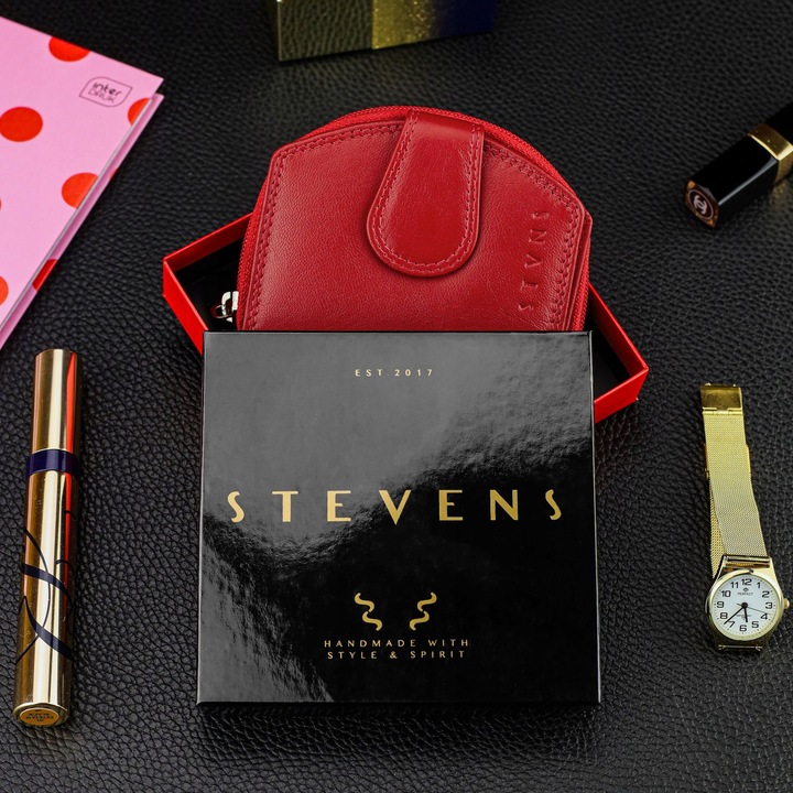 Portfel Damski Skórzany STEVENS Mały Czerwony Zapinany Portmonetka RFID