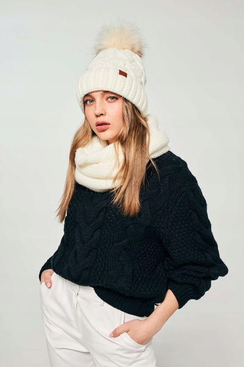 Czapka zimowa damska z pomponem + komin Ecru