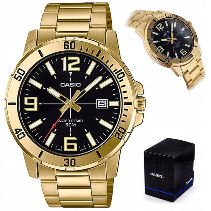 ZEGAREK MĘSKI CASIO STILON złoty stalowy datownik +BOX +GRAWER