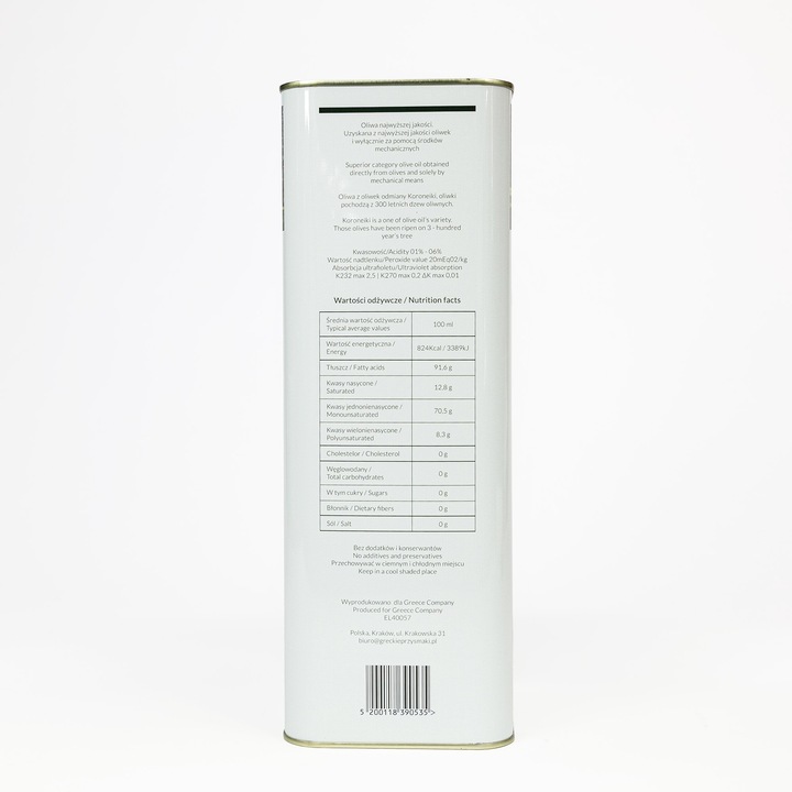Oliwa z oliwek ZE WSI niefiltrowana Extra Virgin łagodna 0,3% 5 l