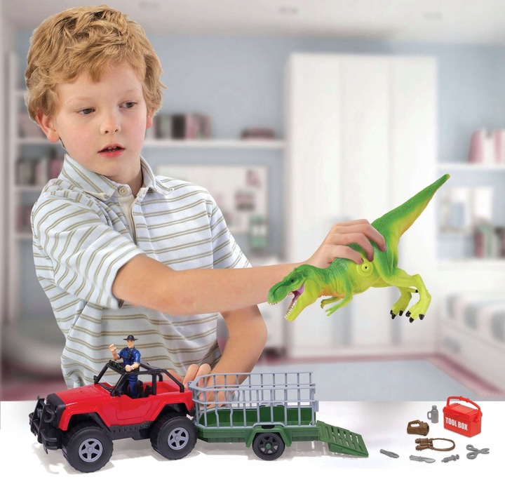 ZESTAW DINOZAUR T-REX 27 CM DUŻA FIGURKA SAMOCHÓD Z PRZYCZEPĄ 38 CM