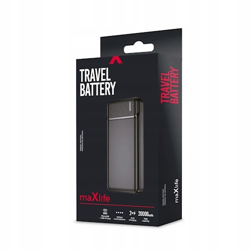 Super Power Bank 20 000 mAh Maxlife 2x USB + Kabel Ledowe Diody Czarny