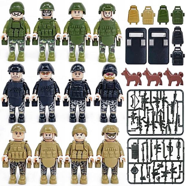 FIGURKI 8057 +BRONIE +TARCZE +PSY wojsko policja klocki ludziki broń pies