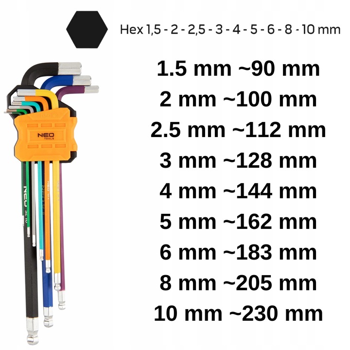 NEO TOOLS Długie Kolorowe Klucze IMBUSOWE I TORX 18 szt. IMBUSY