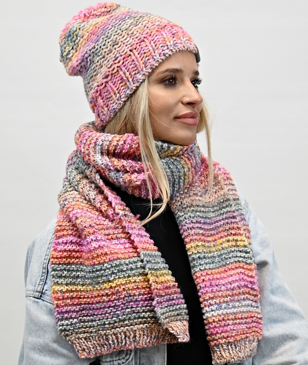 Zimowy Komplet Kolorowy Gruby Czapka Szal Wz1