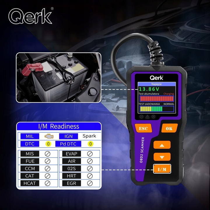 INTERFEJS DIAGNOSTYCZNY TESTER OBD2 POLSKIE MENU QERK T51 KOLOROWY ELM327