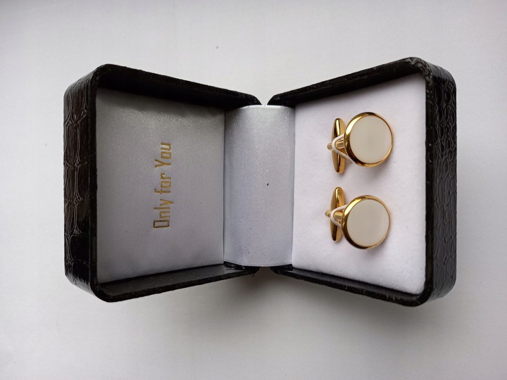 Spinki do mankietów EXC Złote Ślubne pozłacane masa perłowa w pięknym Etui