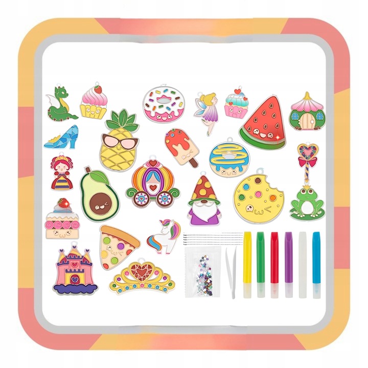 ZESTAW DO ROBIENIA BRELOCZKÓW dla dzieci DIY breloczki 12 szablonów 12 farb