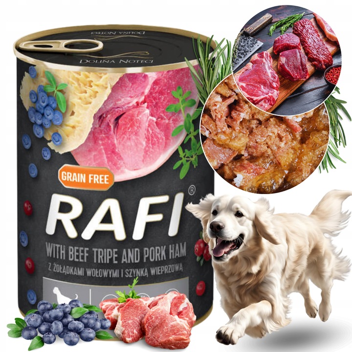 DOLINA NOTECI RAFI MOKRA KARMA DLA PSA BEZ ZBÓŻ MIX SMAKÓW PUSZKA 24x400g