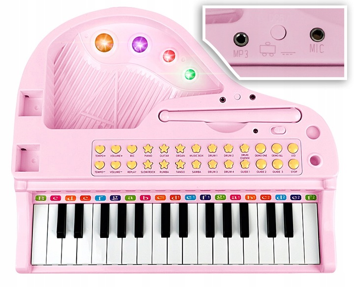 PIANINO DLA DZIECI NAUKA GRY ORGANKI MIKROFON MP3 RÓŻOWE PIANINKO + TABORET
