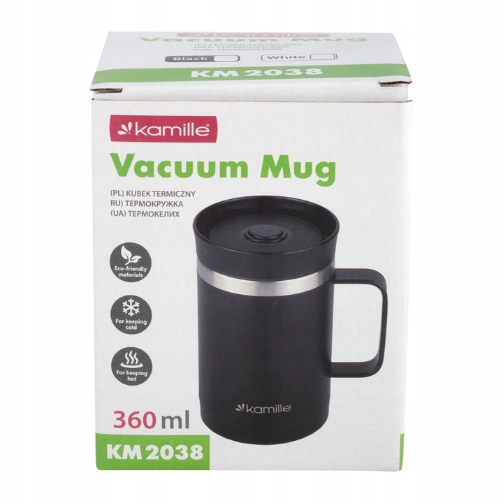 KUBEK TERMICZNY Z UCHEM TERMOS STALOWY SCZELNY pojemny bidon KAMILLE 360 ml