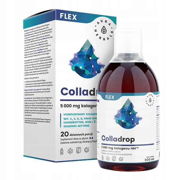 AURA COLLADROP FLEX KOLAGEN MORSKI KOŚCI ZĘBY STAWY SKÓRA 5000 mg 500 ml