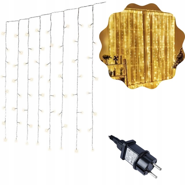 KURTYNA led 1 x 2 m światło białe ciepłe 240 led transparentny kabel TIMER