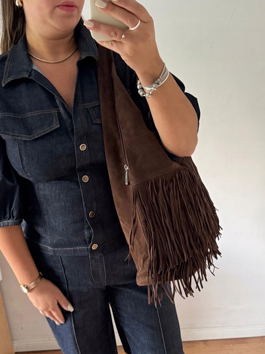 Torba Flora&Co torebka frędzle worek zamsz zamszowa eco brązowa czekoladowy