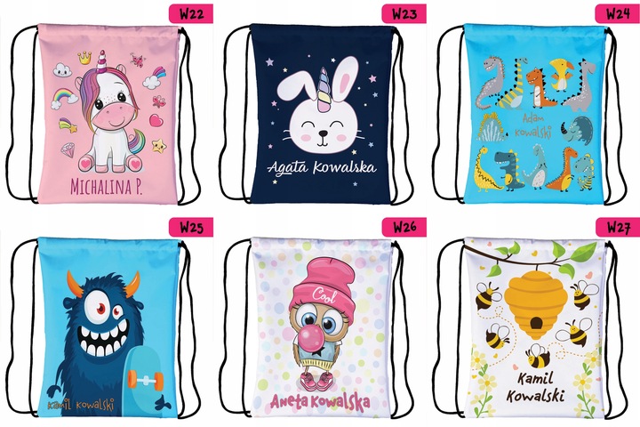 Worek plecak dla dzieci do przedszkola szkoły PERSONALIZOWANY różne wzory