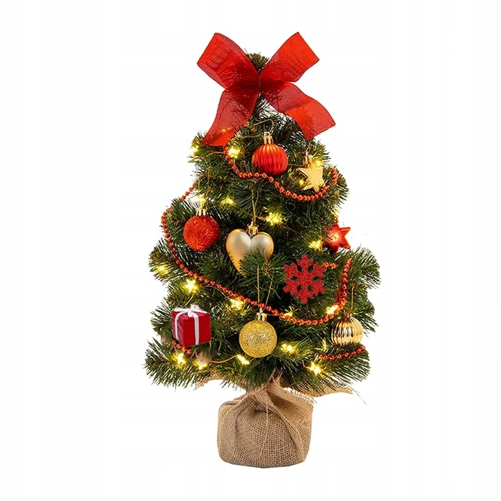 Choinka sztuczna mała ubrana na pniu z jutą i dekoracjami LED 45cm