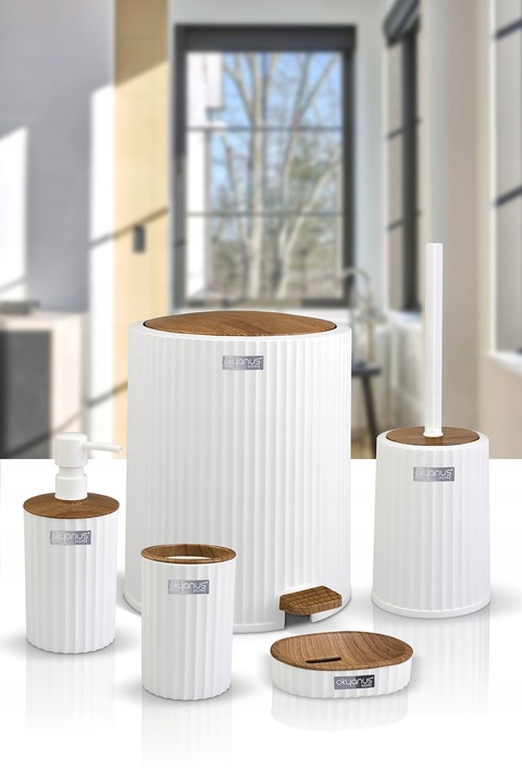 Zestaw łazienkowy 5 elementów Coliseum komplet do WC biały drewno kosz glam