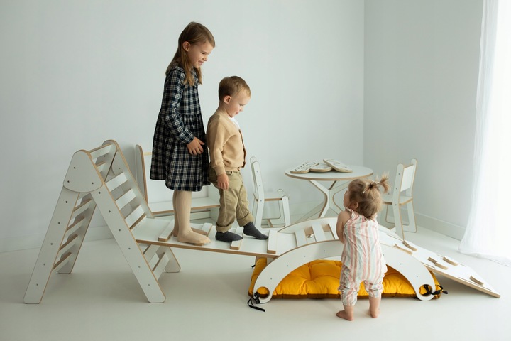 Bujak Montessori DREWNIANY XL +Poduszka Beżowa +Zjeżdżalnia +Ścianka ZESTAW