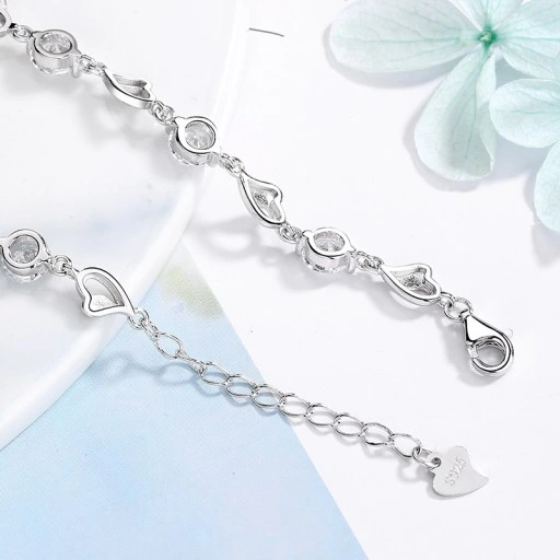 Bransoletka Damska Srebrna Łańcuszki Serduszka Heart Kryształki Na Prezent