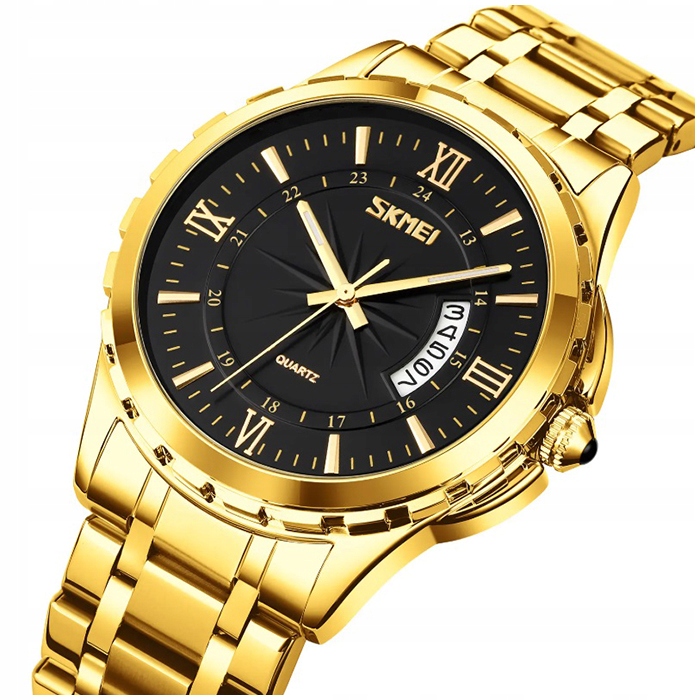 Zegarek męski bransoleta srebrny złoty czytelna tarcza datownik